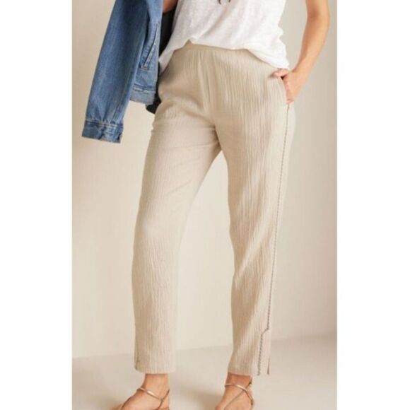 Soft Surroundings Womens Gauze Pull-on Embroidered Pants Coastal Lagenlook L - Picture 1 of 16